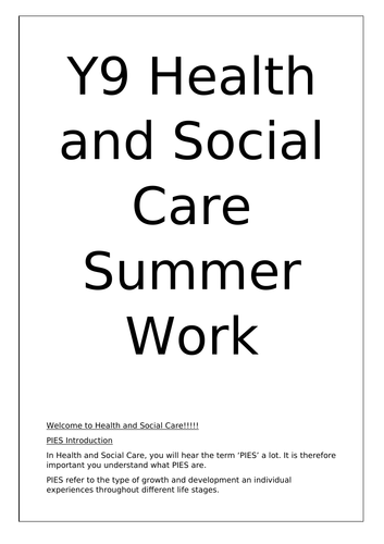 Health and Social Care Introduction Homework Booklet