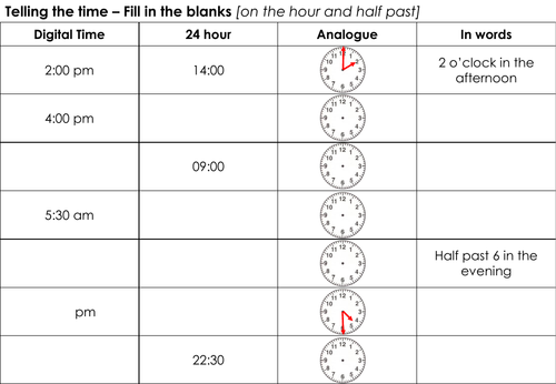 Telling the time: Fill in the grid