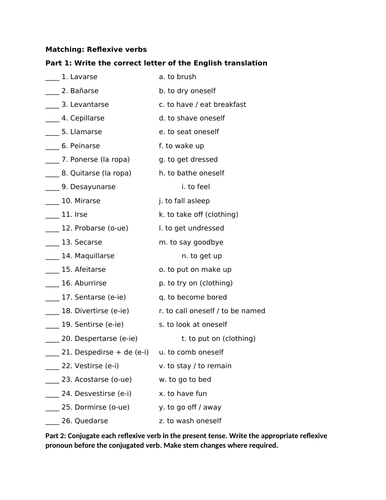 Reflexive verbs matching and conjugation practice