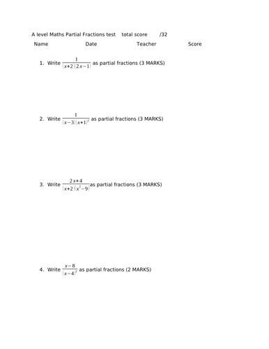 A level Maths Partial Fractions test