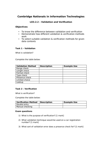 J836 - Cambridge National in IT - TA 3.2.2 - Validation and Verification