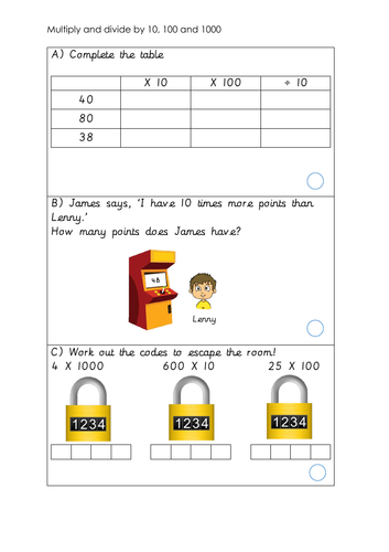 KS2 Multiplying and dividing by 10, 100 and 1000 differentiated word problems / reasoning questions