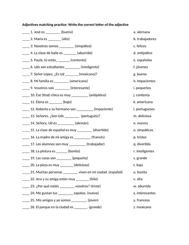 Adjectives matching practice (Spanish)