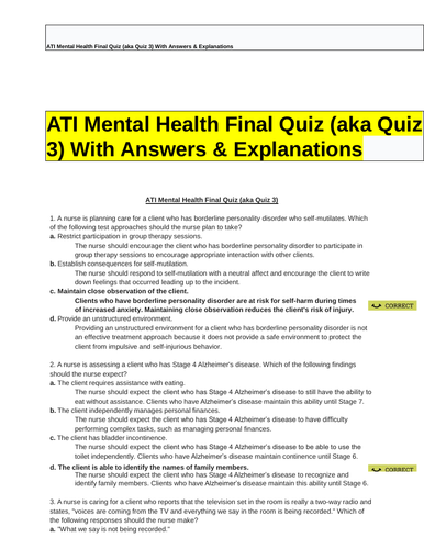 ATI Mental Health Final Quiz (aka Quiz 3) With Answers & Explanations ...