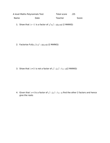 A level Maths Polynomial Test