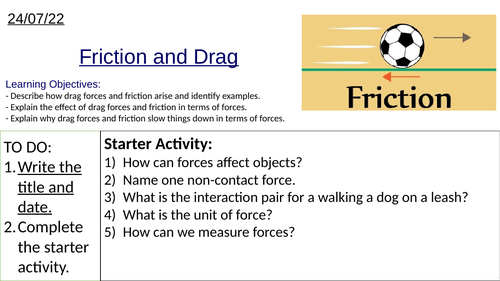 KS3 Physics Friction, Drag, Air Resistance and Water Resistance: Complete Lesson