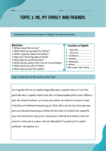 French GCSE Studio reading activity