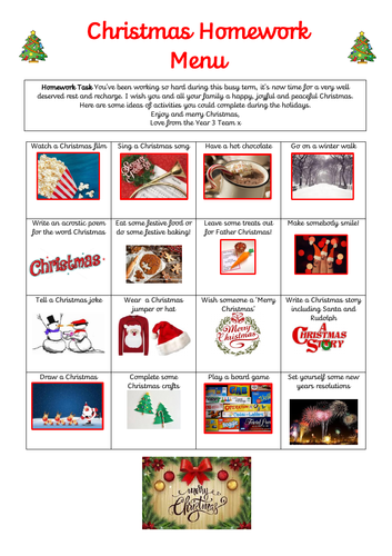 Christmas Homework Menu