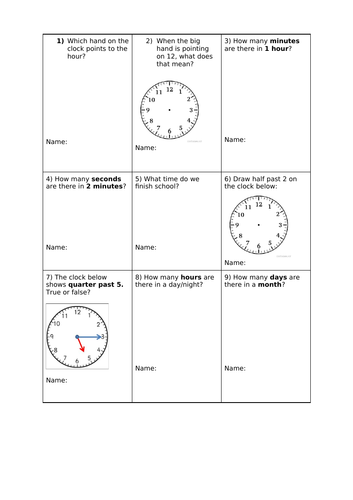 Retrieval activity for telling the time - Year 2