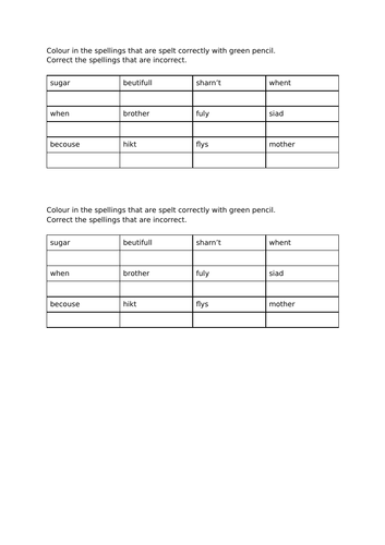 Spellings - Year 2 common exception words worksheet
