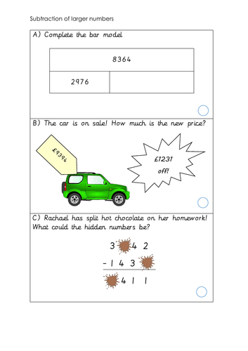KS2 Differentiated subtraction of larger numbers problem solving and reasoning questions