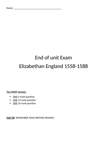 Early Elizabethan England end of unit assessment