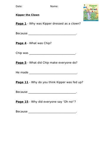 Kipper the Clown (ORT Level 3) Comprehension