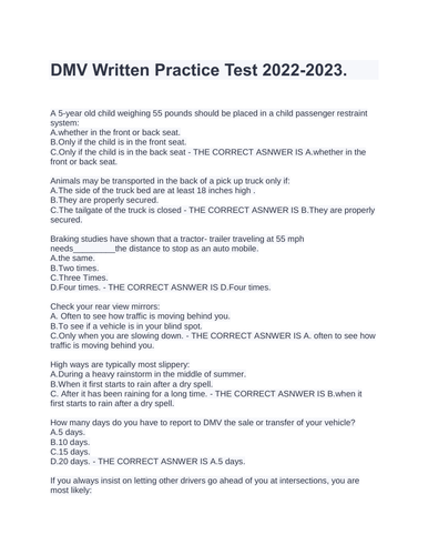 DMV Written Practice Test 2022-2023. | Teaching Resources