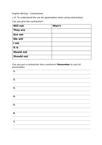 Contractions resource double worksheet