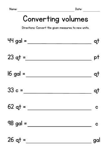 Grade 5 Worksheet: Convert volumes (cups, pints, quarts and gallons)