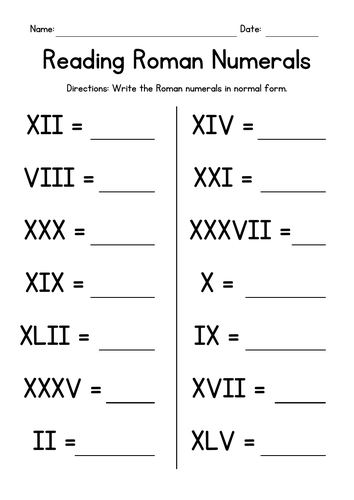 Reading Roman Numerals Worksheets
