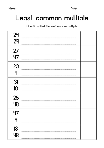 Least Common Multiple of Two Numbers - LCM Worksheets