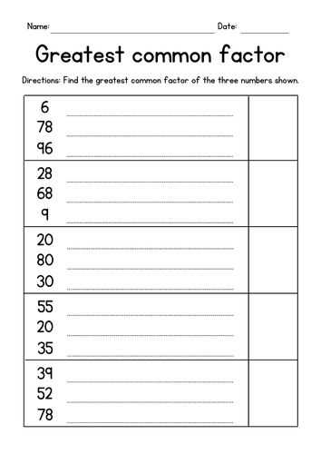 Greatest Common Factor of Three Numbers - GCF Worksheets