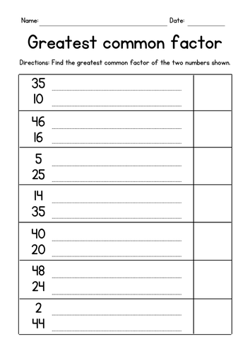 GCF Of 2 Numbers Factoring Worksheets Teaching Resources