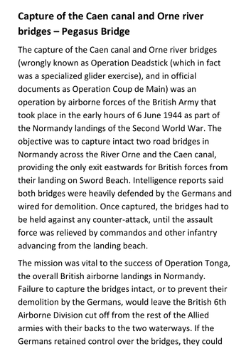 Capture of the Caen canal and Orne river bridges – Pegasus Bridge Handout