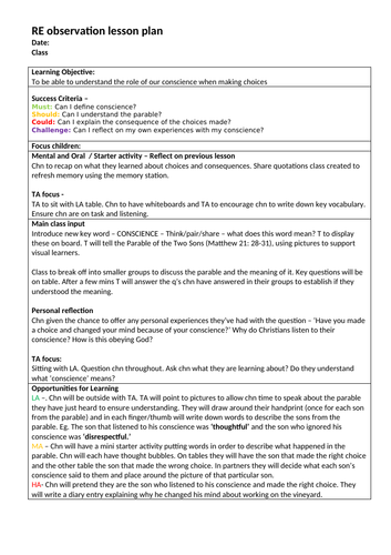 Outstanding RE Observation lesson plan - Conscience