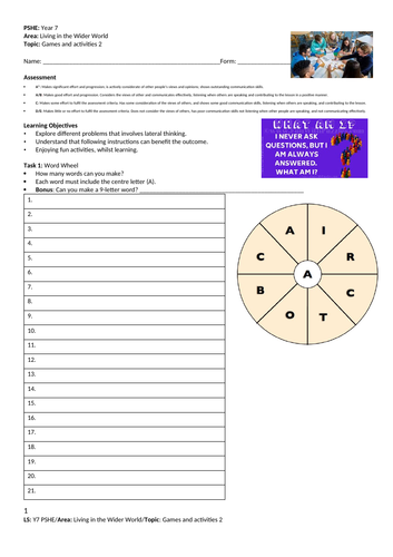 Games and activities 2 - PSHE - Year 7