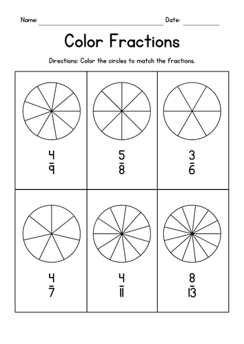 Coloring Pie Charts - Fractions Worksheets