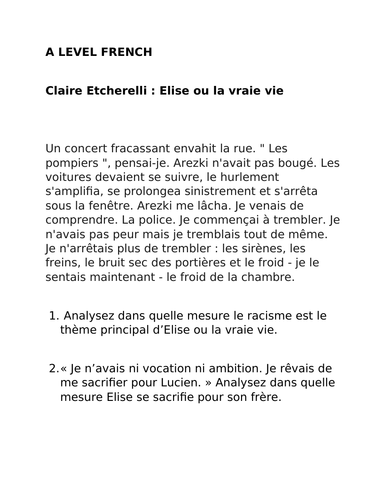 Claire Etcherelli : Elise ou la vraie vie- A LEVEL FRENCH FILM AND LITERATURE