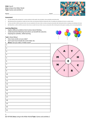 Games and activities 2 - PSHE - Year 8