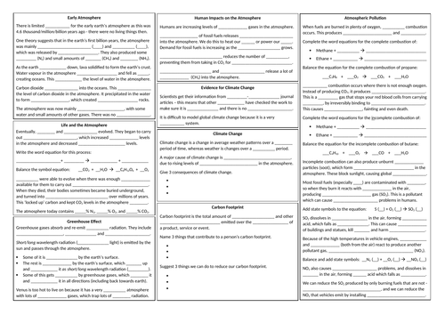 Earth's Atmosphere A3 Revision Summary Sheet with Answers