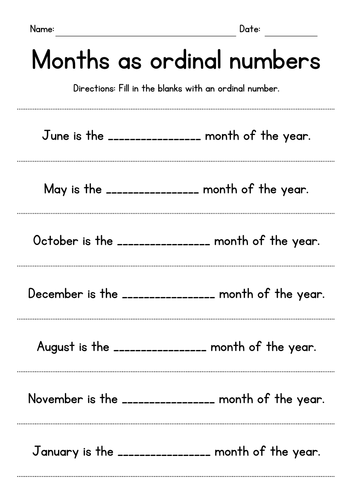 Calendar Months And Days As Ordinal Numbers Teaching Resources
