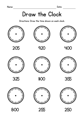Draw the Clock (5 minutes intervals) Worksheets