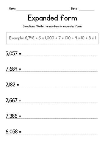 Expanded Form 4 Digit Numbers Worksheets