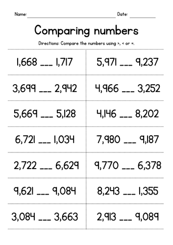 Comparing 4-Digit Numbers Worksheets