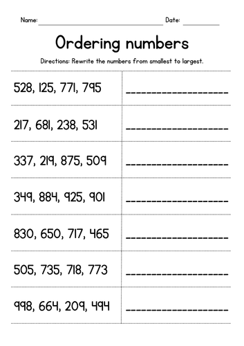 Ordering 3-Digit Numbers Worksheets