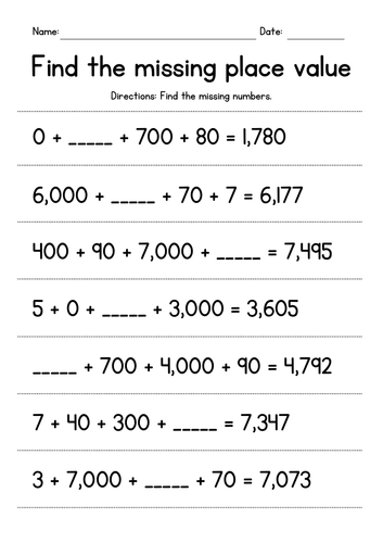 Find the Missing Place Value from 4-Digit Numbers - Expanded Form