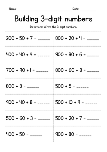 Building 3-Digit Numbers from the Parts Worksheets
