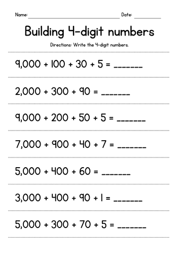 Building 4-Digit Numbers from the Parts Worksheets