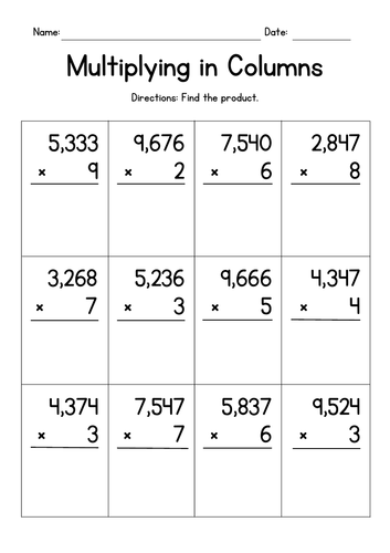 Multiplying 1-Digit by 4-Digit Numbers in Columns