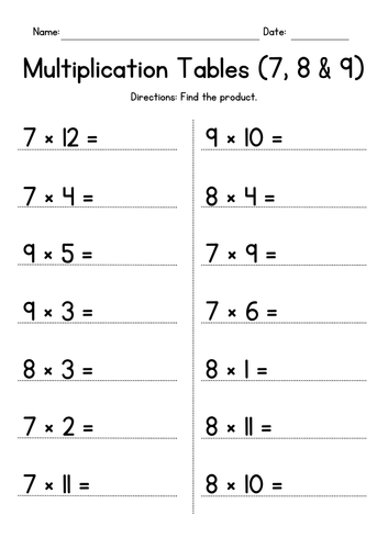 Multiplication Tables of 7, 8, and 9