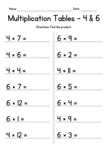 Multiplication Tables of 4 and 6