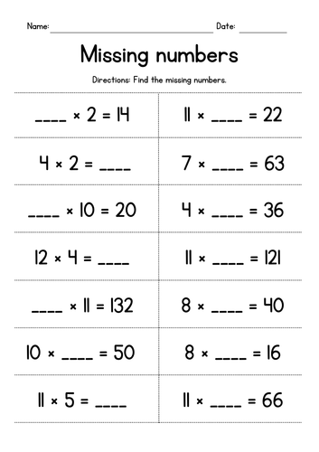Multiplication Tables 2-12 - Missing Numbers