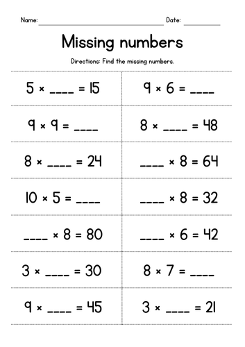 Multiplication Tables 2-10 - Missing Numbers