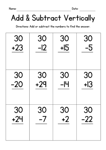 Adding & Subtracting Vertically from 30 | Teaching Resources
