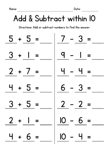 Adding & Subtracting within 10 Worksheets