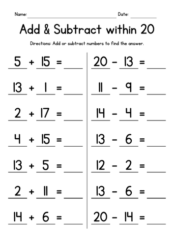 Adding & Subtracting within 20 Worksheets