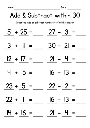 Adding & Subtracting within 30 Worksheets