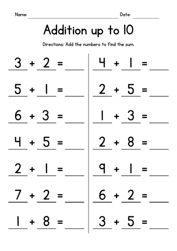 Addition up to 10 Worksheets