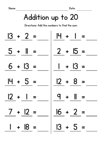 Addition up to 20 Worksheets